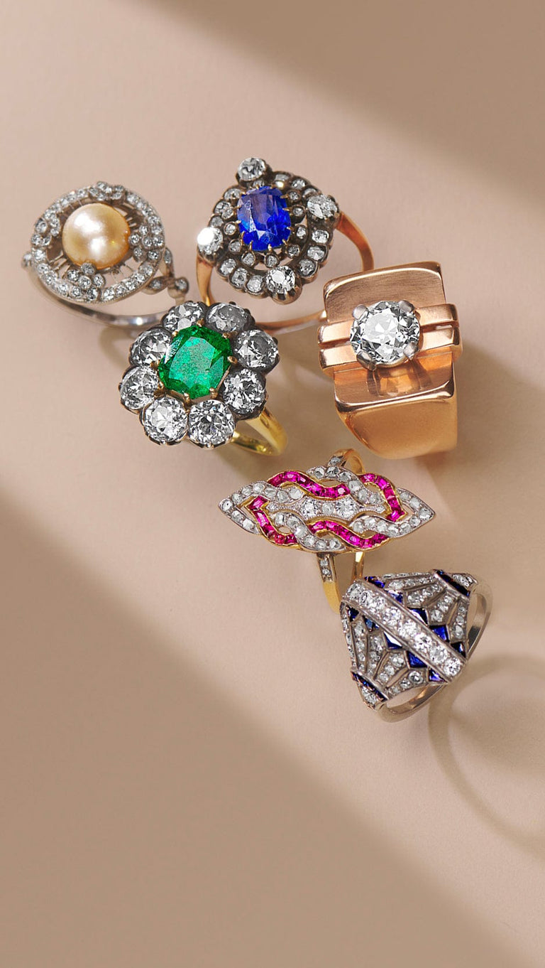 antique and vintage cocktail rings loose with sapphire, emerald and pearl clusters and navette ruby and diamond ring